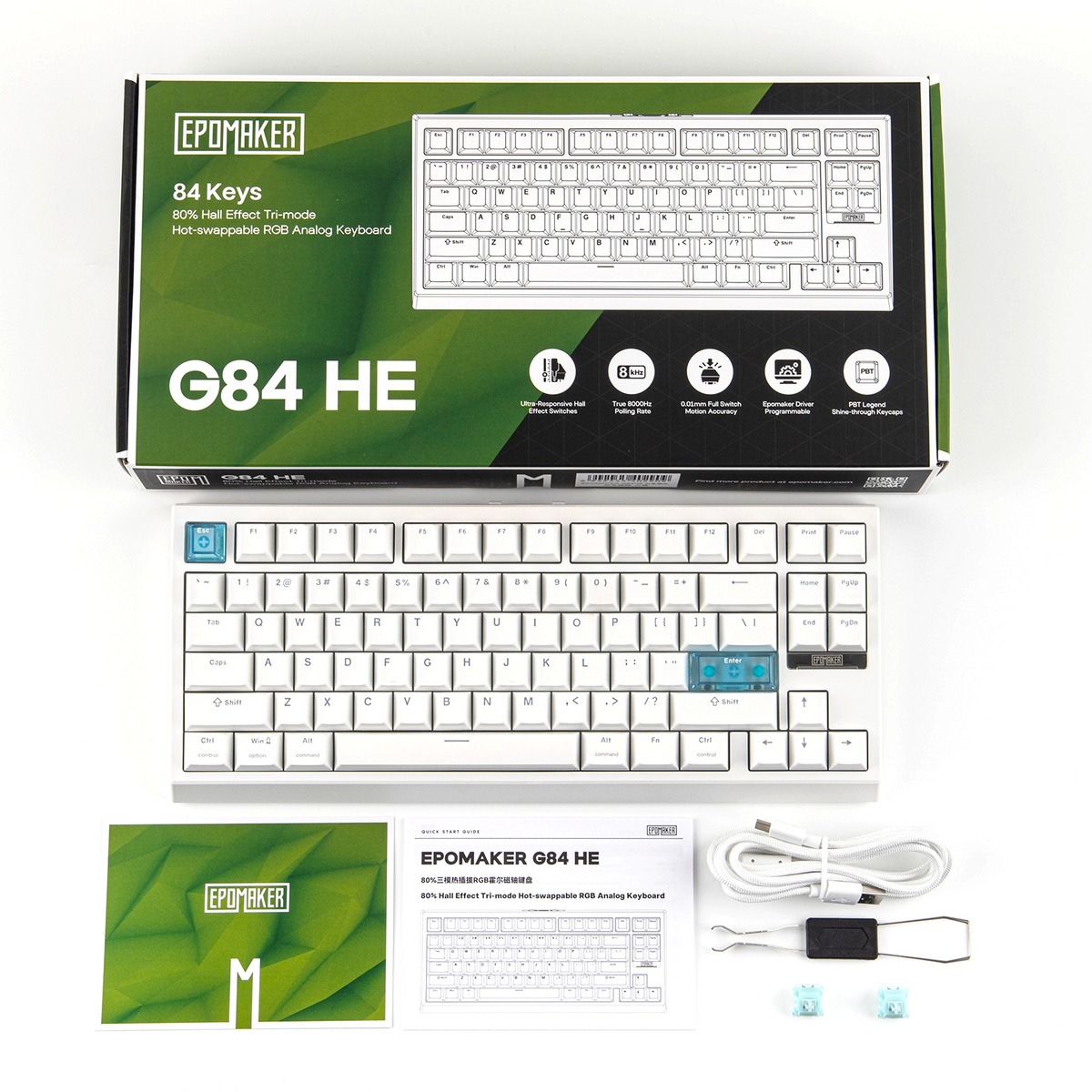 Oyuncu Baykuş EPOMAKER G84HE 80% manyetik switch RGB mekanik oyuncu klavyesi, kutu içeriği ve aksesuarları ile birlikte.