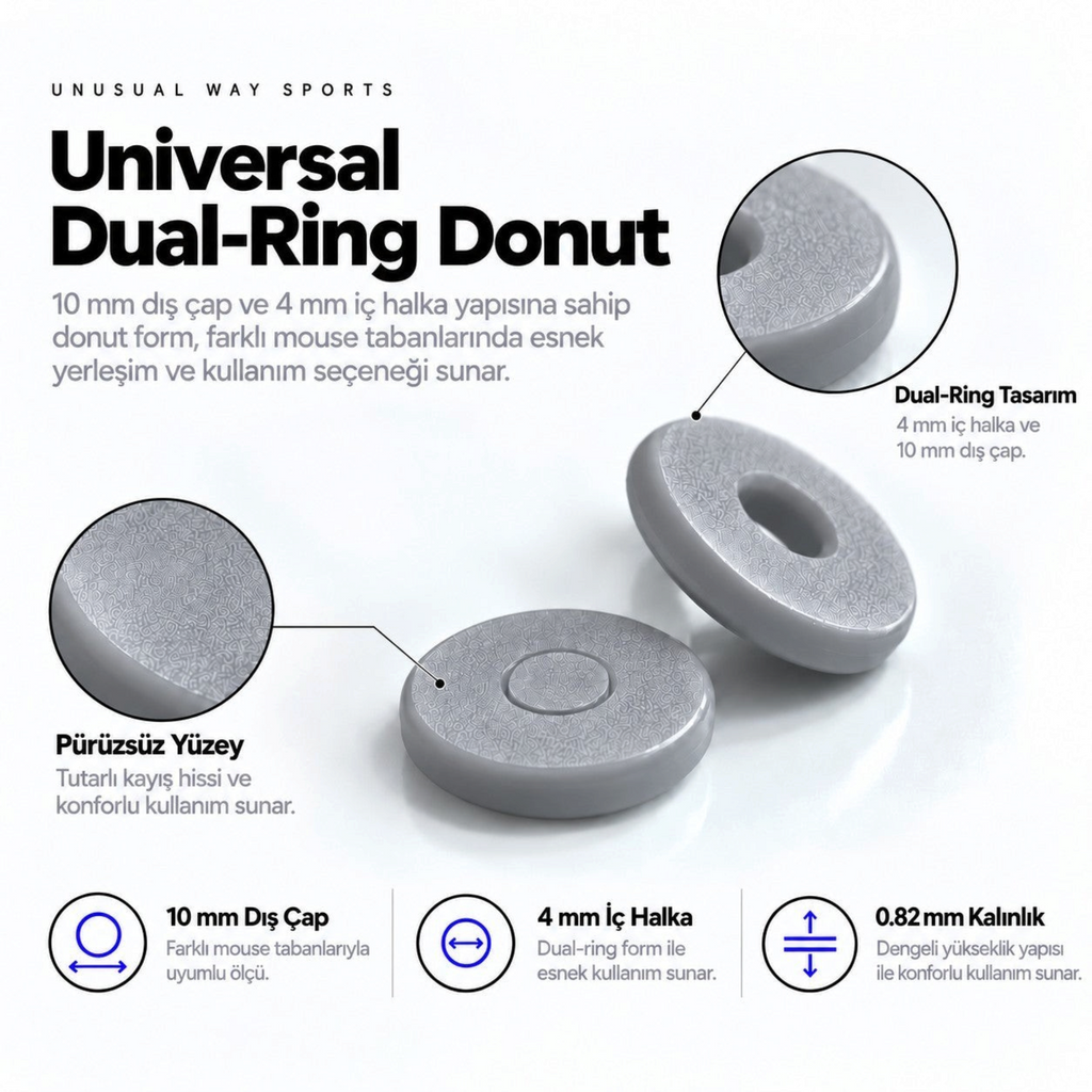 Oyuncu Baykuş Unusual Way Sports gri renkli, pürüzsüz yüzeyli ve dual-ring tasarımlı evrensel mouse skate seti