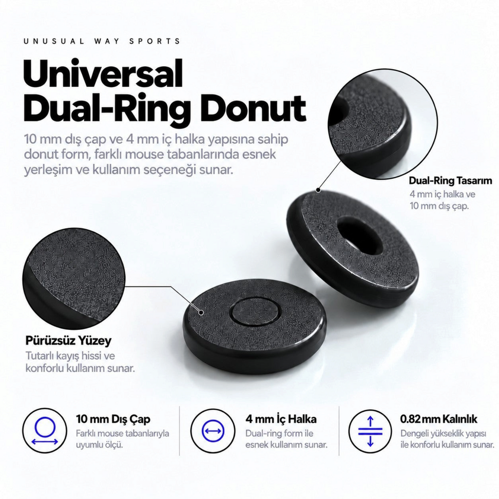 Oyuncu Baykuş Unusual Way Sports siyah donut mouse skate seti, 10mm dış ve 4mm iç çaplı pürüzsüz oyun faresi ayakları.