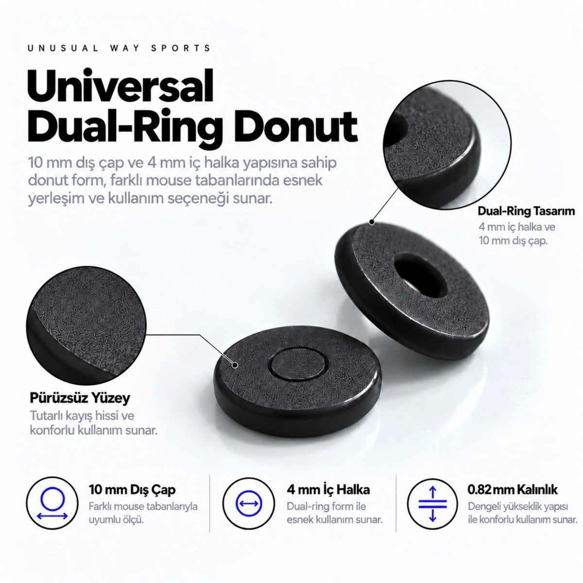 Oyuncu Baykuş Unusual Way Sports siyah donut mouse skate seti, 10mm dış ve 4mm iç çaplı pürüzsüz oyun faresi ayakları.